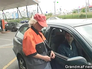 Granny swallows two cocks in get under one's fields